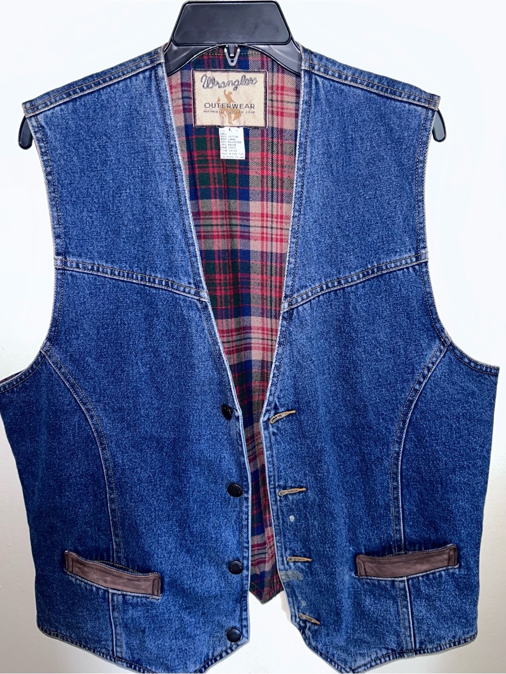 Wrangler Vintage Outerwear Men's Plaid Western Flannel Lined Denim Vest Size L